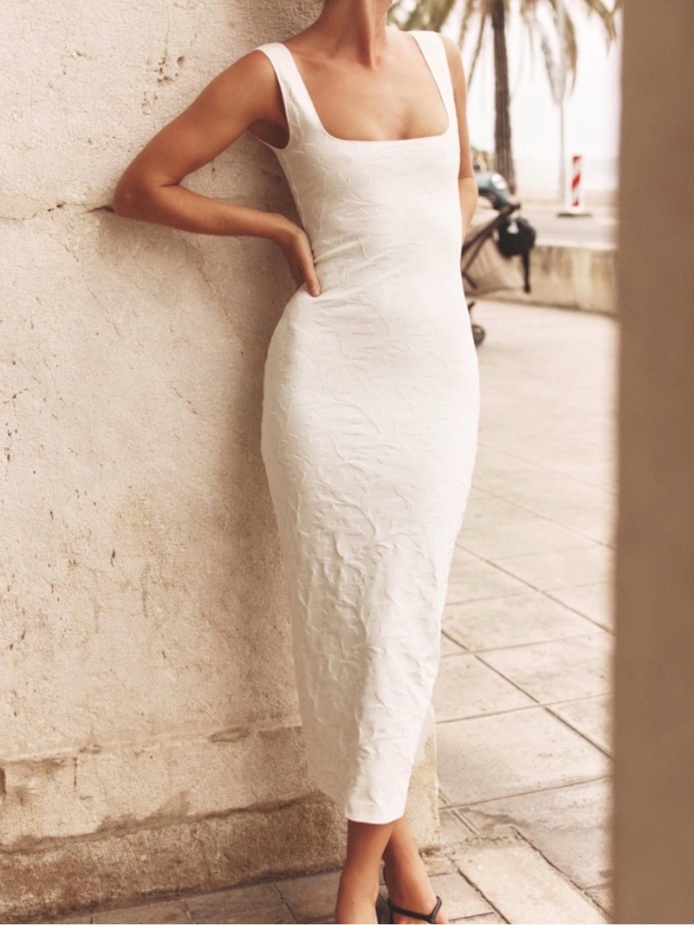 Stretch Sleek Square-Neck White Midi Dress